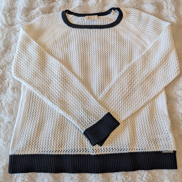 Michael Kors White Open Knit Sweater Navy Trim - Picture 2 of 6